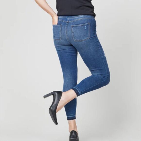 Spanx Distressed Ankle Skinny Jeans, Medium Wash Pull On Size Large - Picture 3 of 15